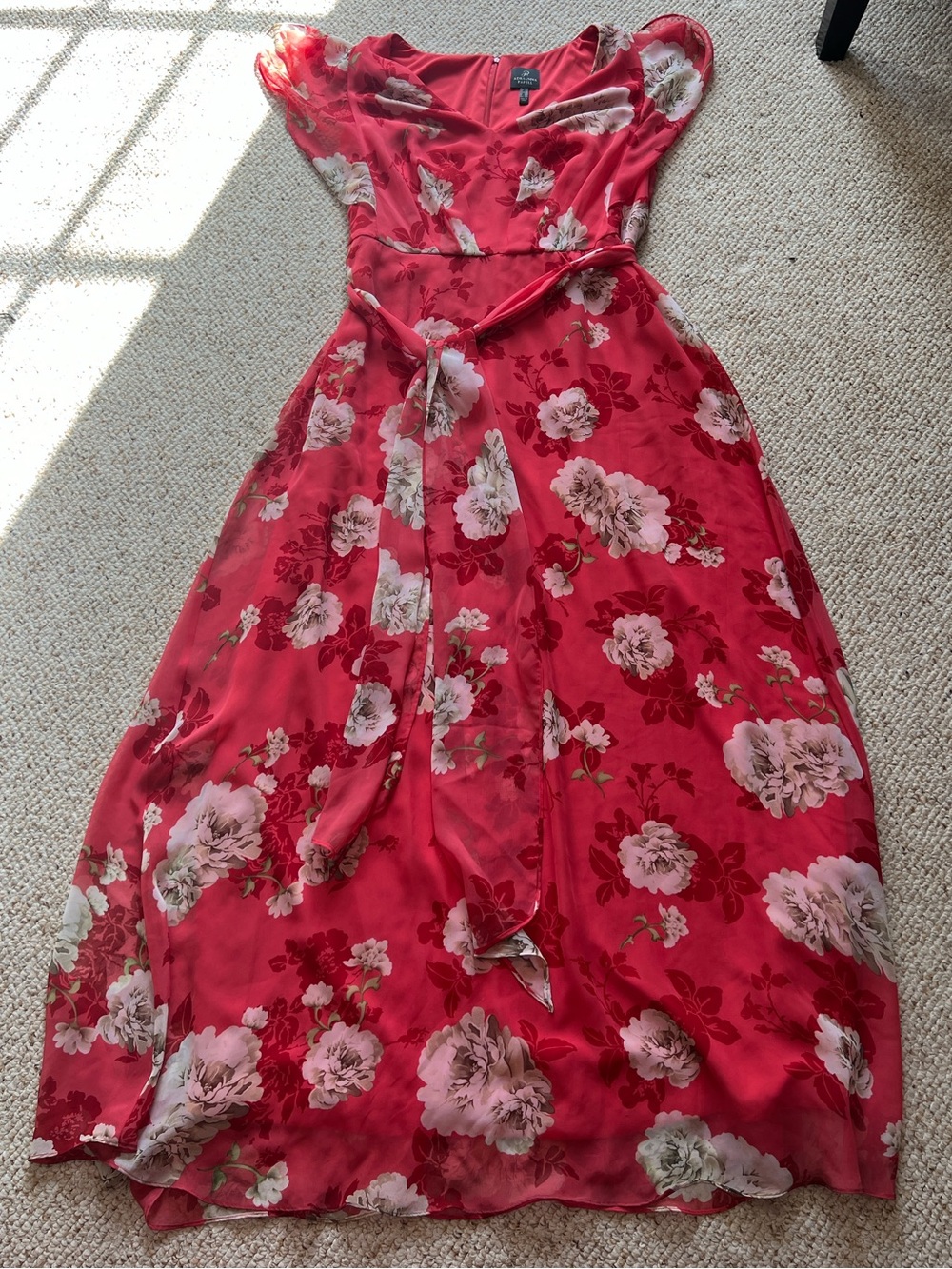 Adrianna Papell 16W Flowy A-Line Red Pink Floral Maxi V-neck